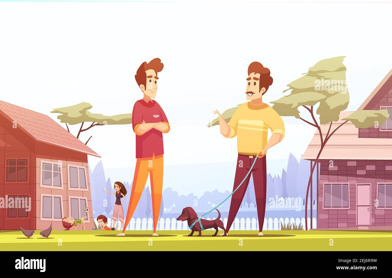 Two male people living in neighboring village cottages and walking with their children and pets cartoon vector illustration Stock Vector Image & Art - Alamy Two male people living in neighboring village cottages and walking with their children and pets cartoon vector illustration Stock Vector Image & Art - Alamy