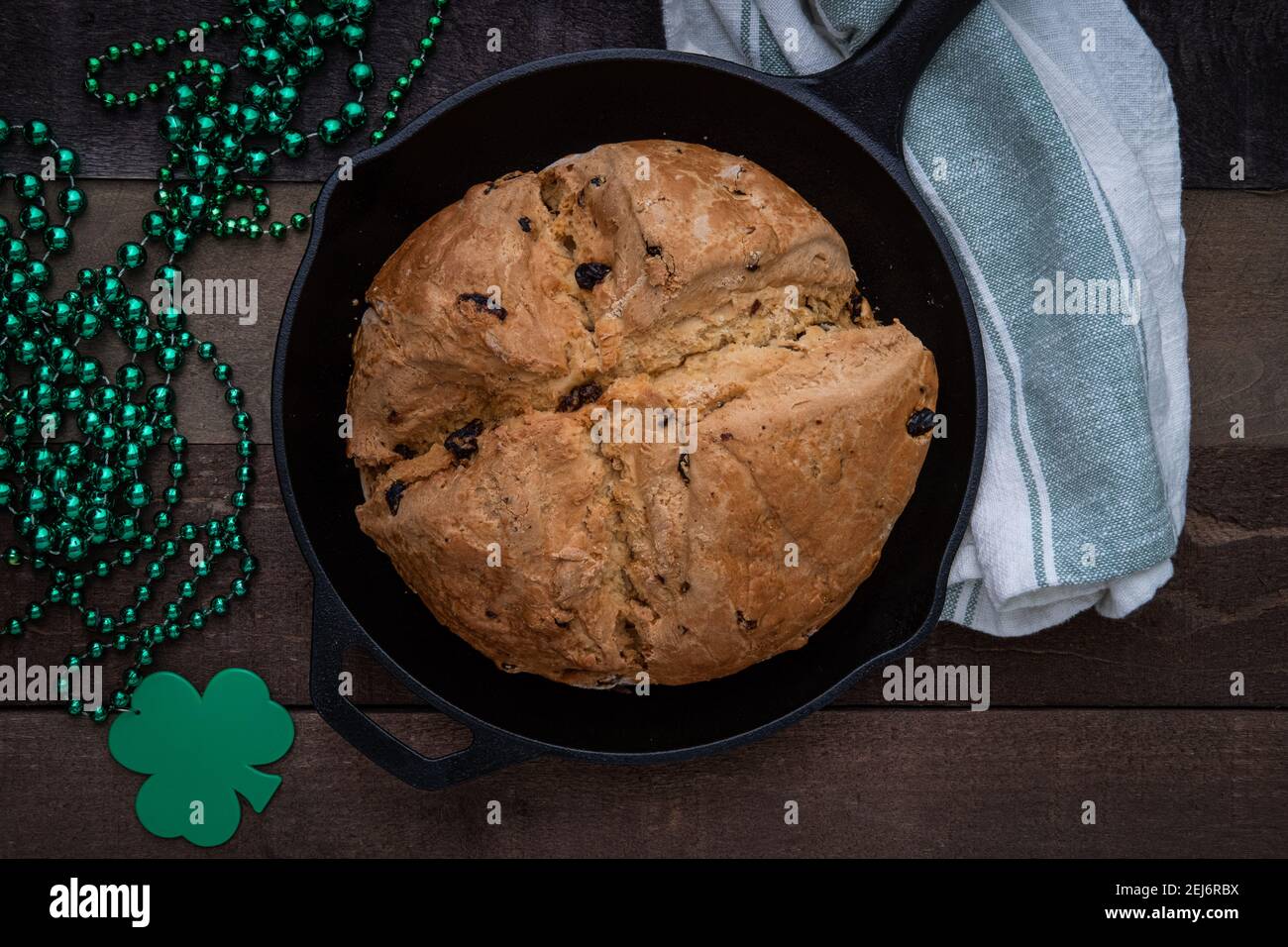 Photograph of Irish Soda Bread baked in a cast iron skillet Stock Photo