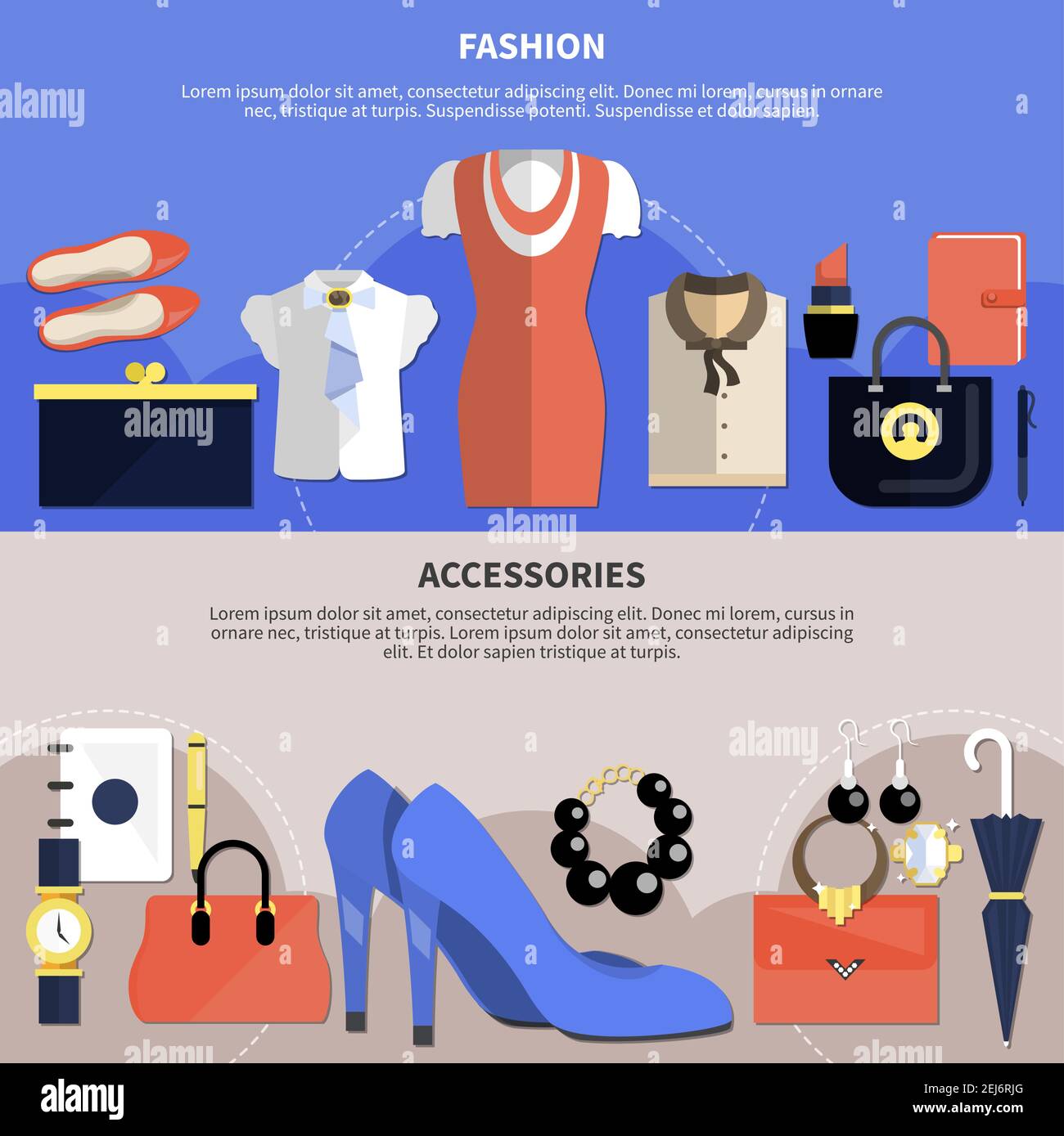 Clothes concept set with two flat horizontal banner set and fashion