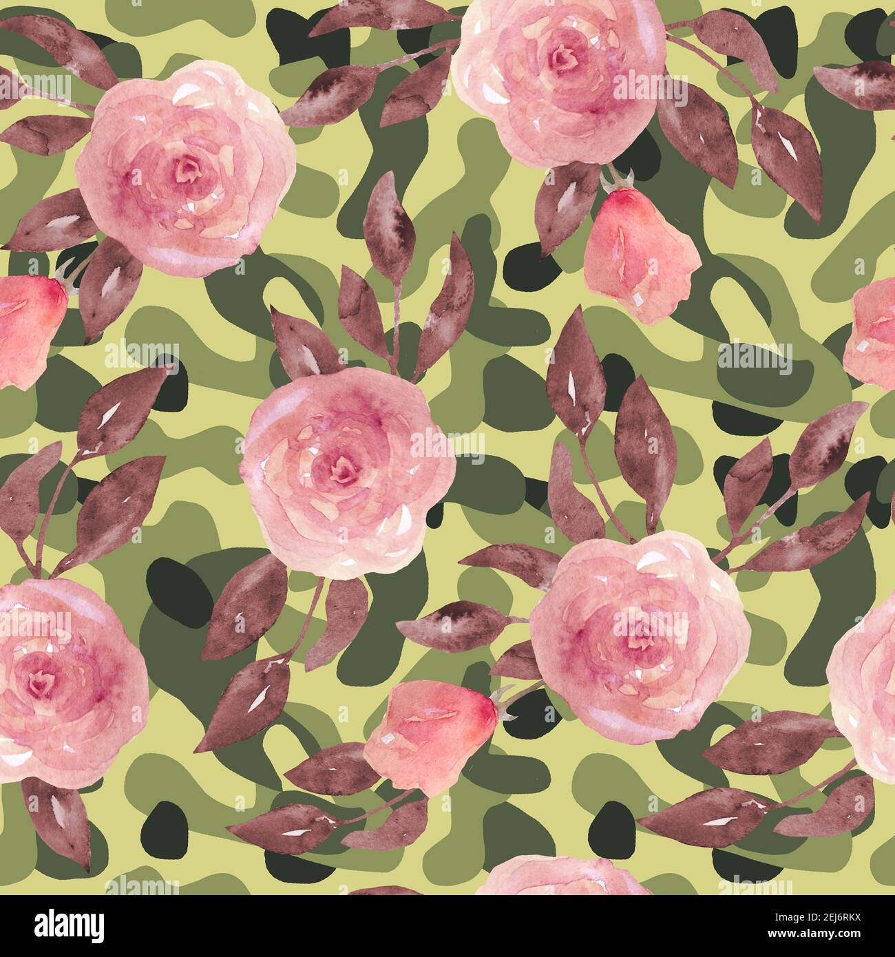 Floral camo camouflage seamless pattern with pink roses flowers. Military army design, textile for masking hiding hunting. Print for war soldiers in jungle desert forest outdoors, trendy style texture Stock Photo