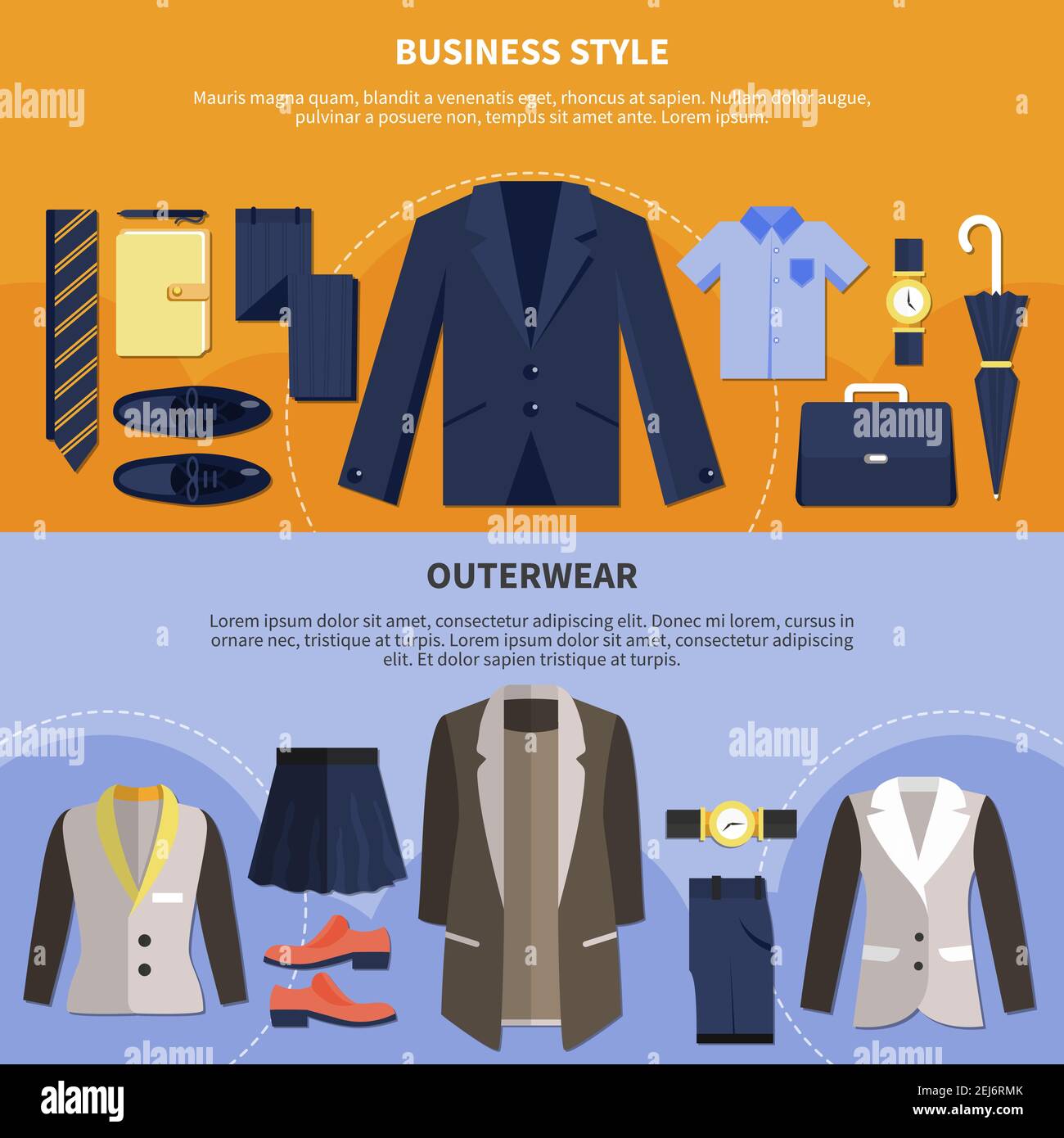 Two clothes flat style composition set with business style and outerwear headlines vector illustration Stock Vector