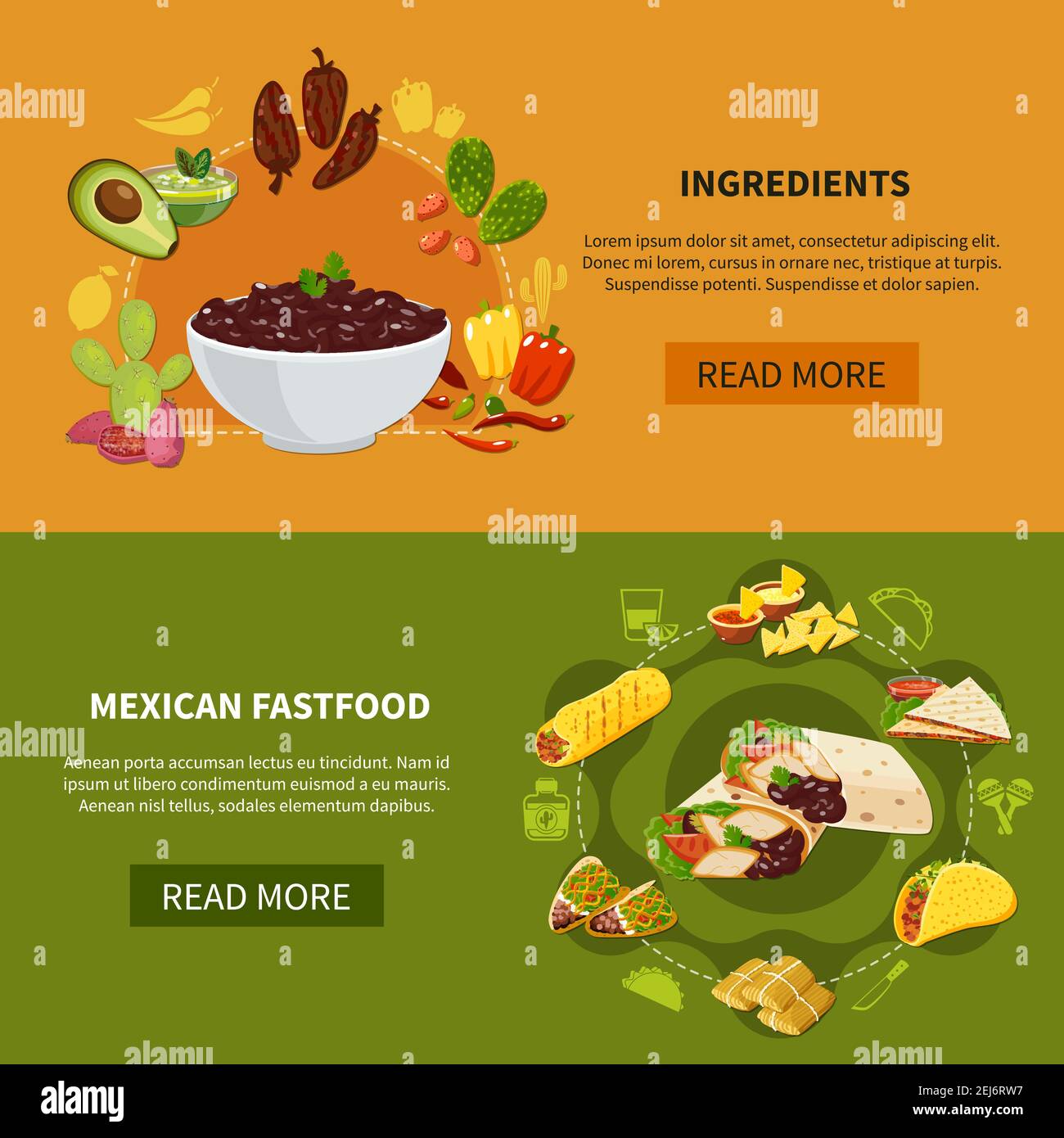 Set of horizontal banners with mexican fastfood and ingredients for traditional dishes isolated vector illustration Stock Vector