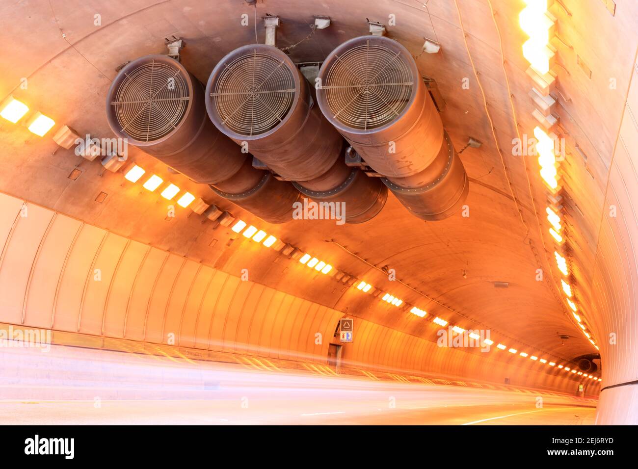 Car Light Trail of Westbound Traffic inside Caldecott Tunnel Stock Photo