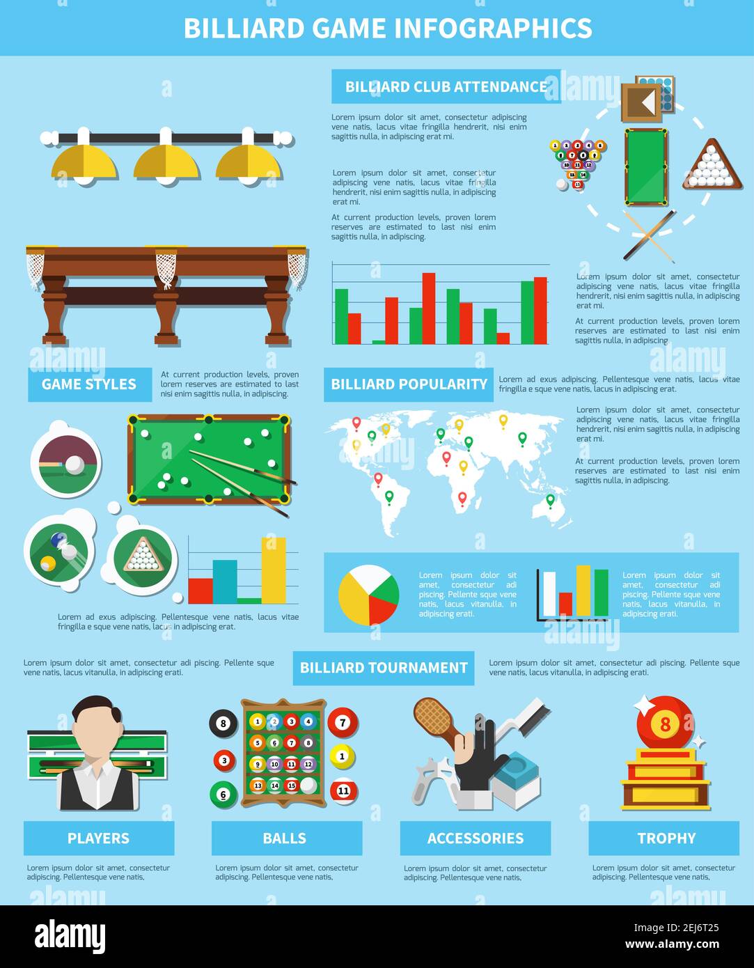 Billiard game infographics with world map, information about players, tournaments, sports