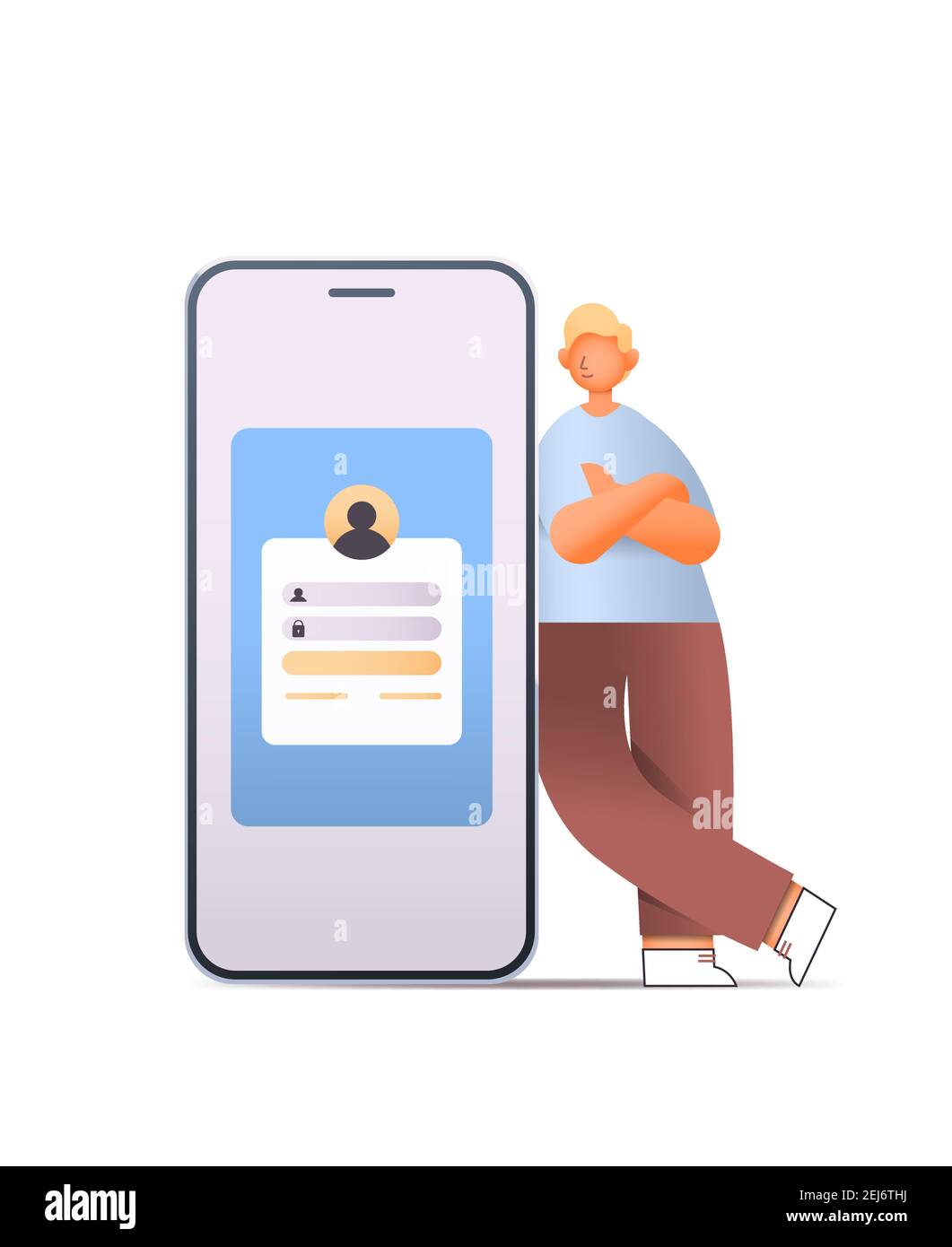 young man using smartphone guy standing near big cellphone full length ...