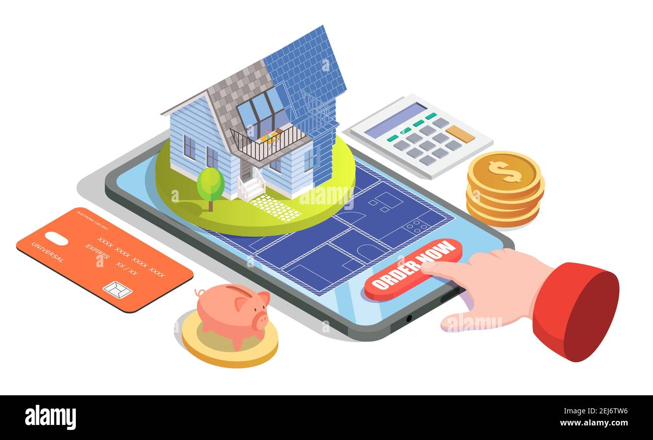 View of Isometric smartphone, house building, blueprint, flat vector ...