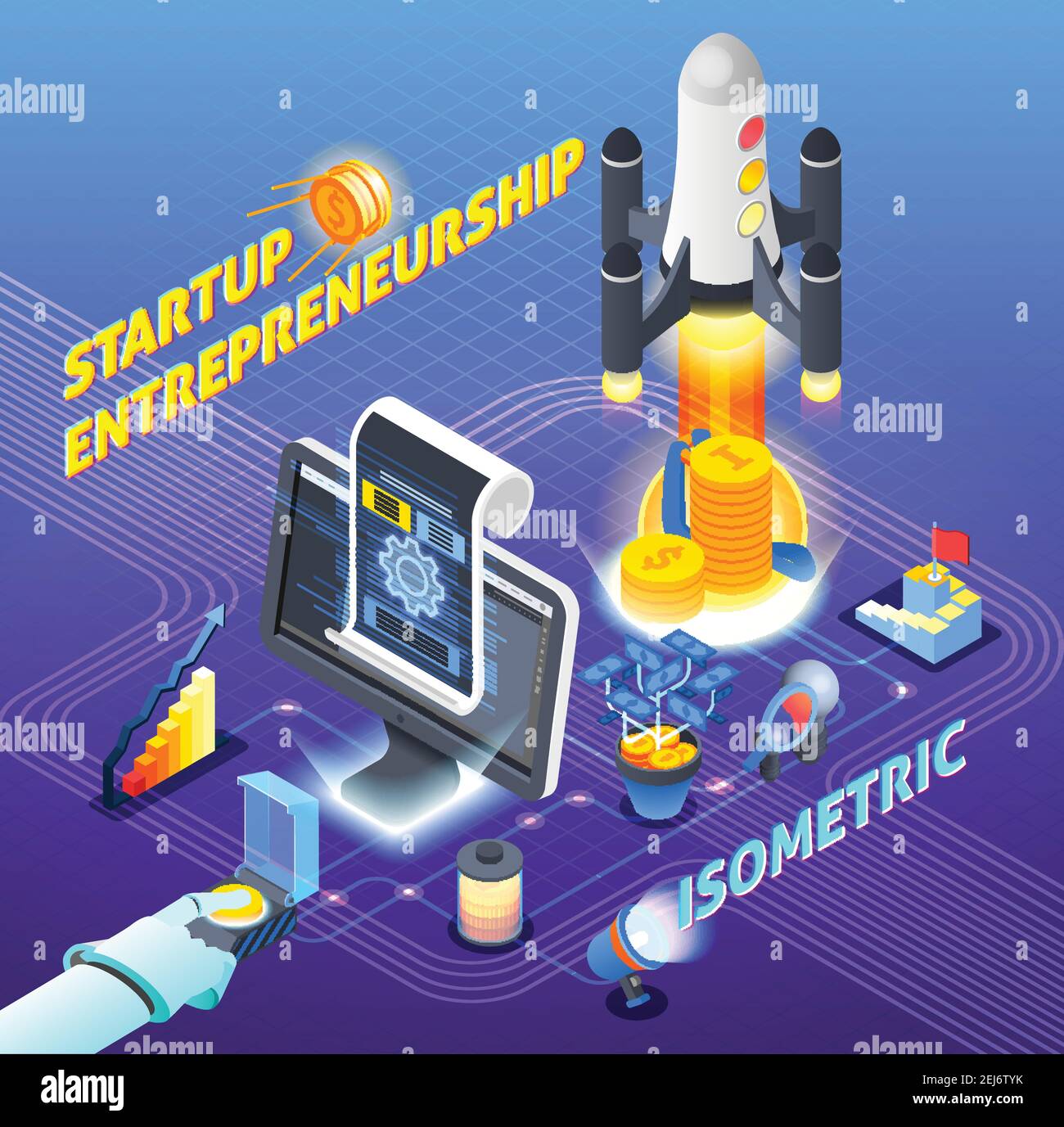 Startup entrepreneurship isometric composition on blue gradient