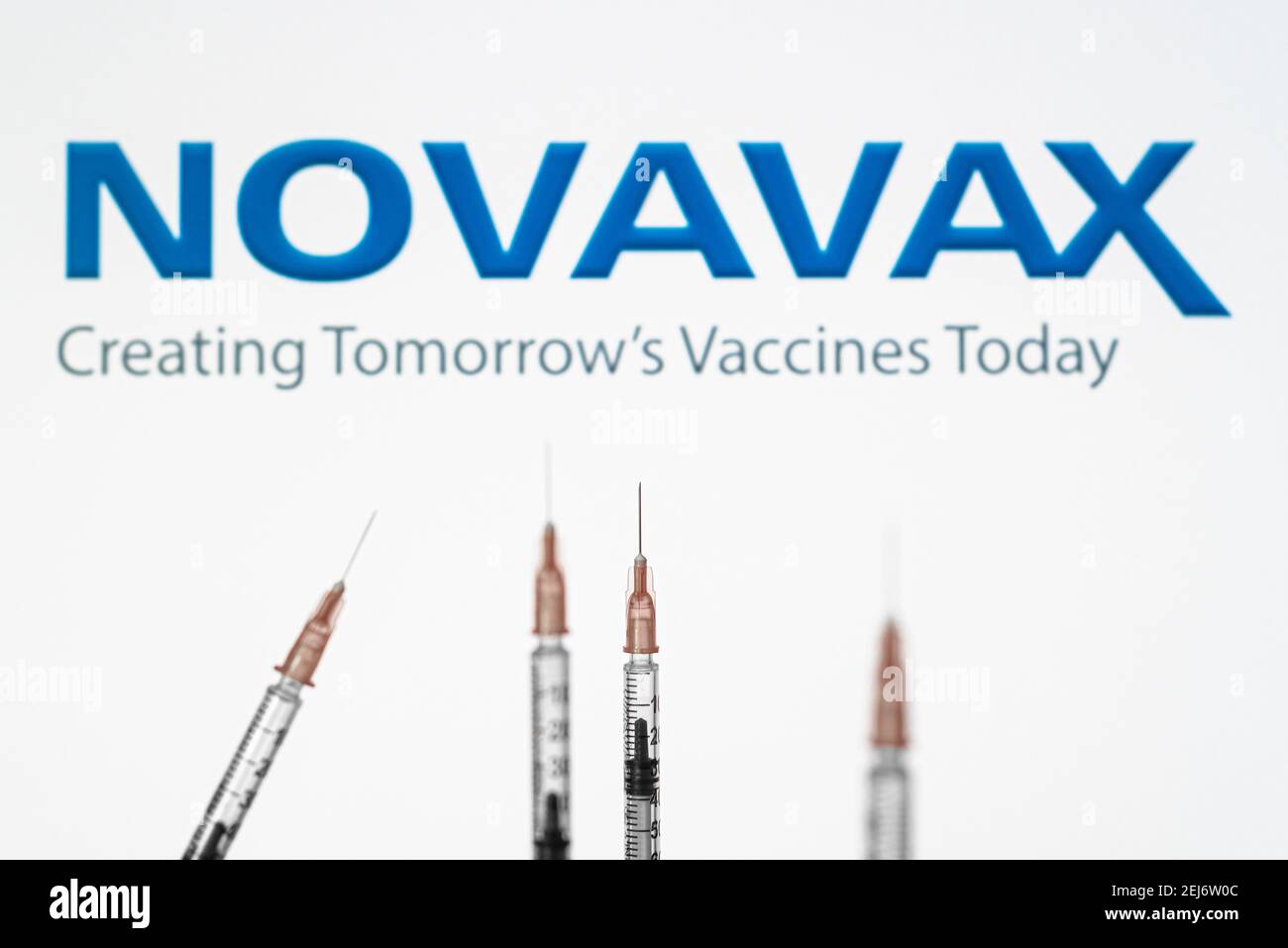 Izmir, Turkey - February 21 2021: Coronavirus vaccine concept and background. Novavax vaccine syringes isolated on white background. Covid-19, 2019-nC Stock Photo