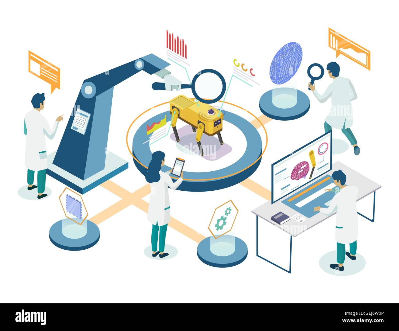 Robots laboratory research isometric flowchart, vector illustration