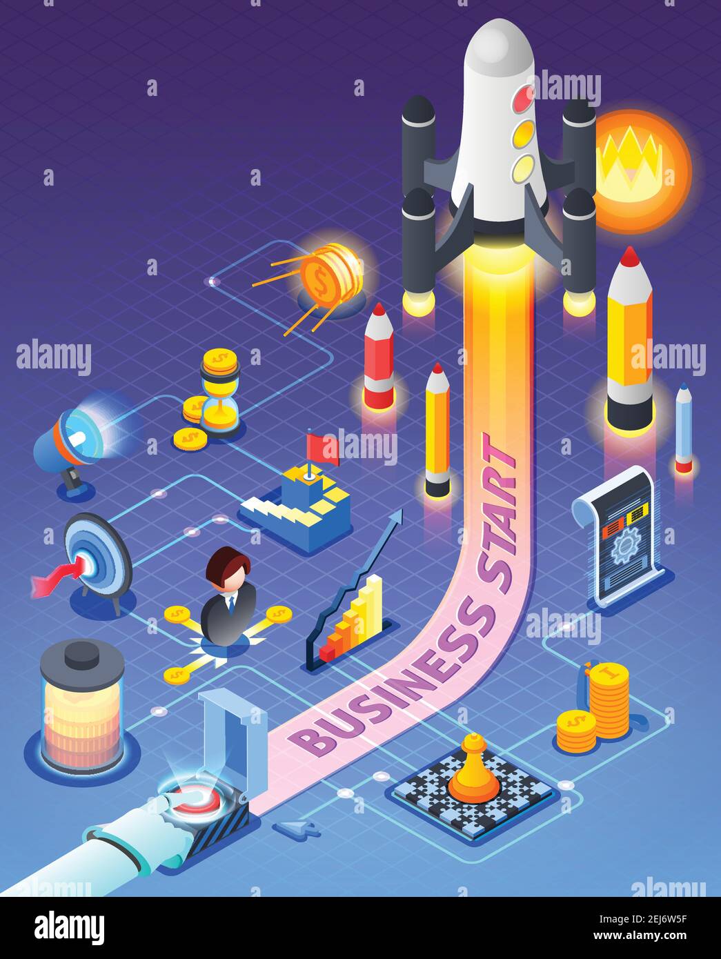 Business start isometric composition on purple background with button ...