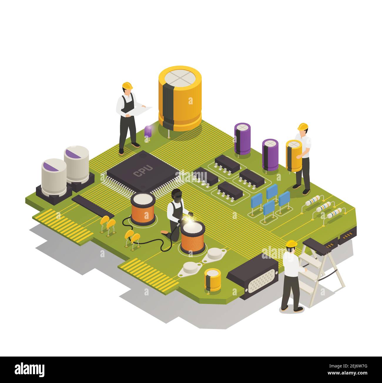 Semiconductor electronic components isometric composition with 4 men assembling resistors diodes on printed circuit board vector illustration Stock Vector