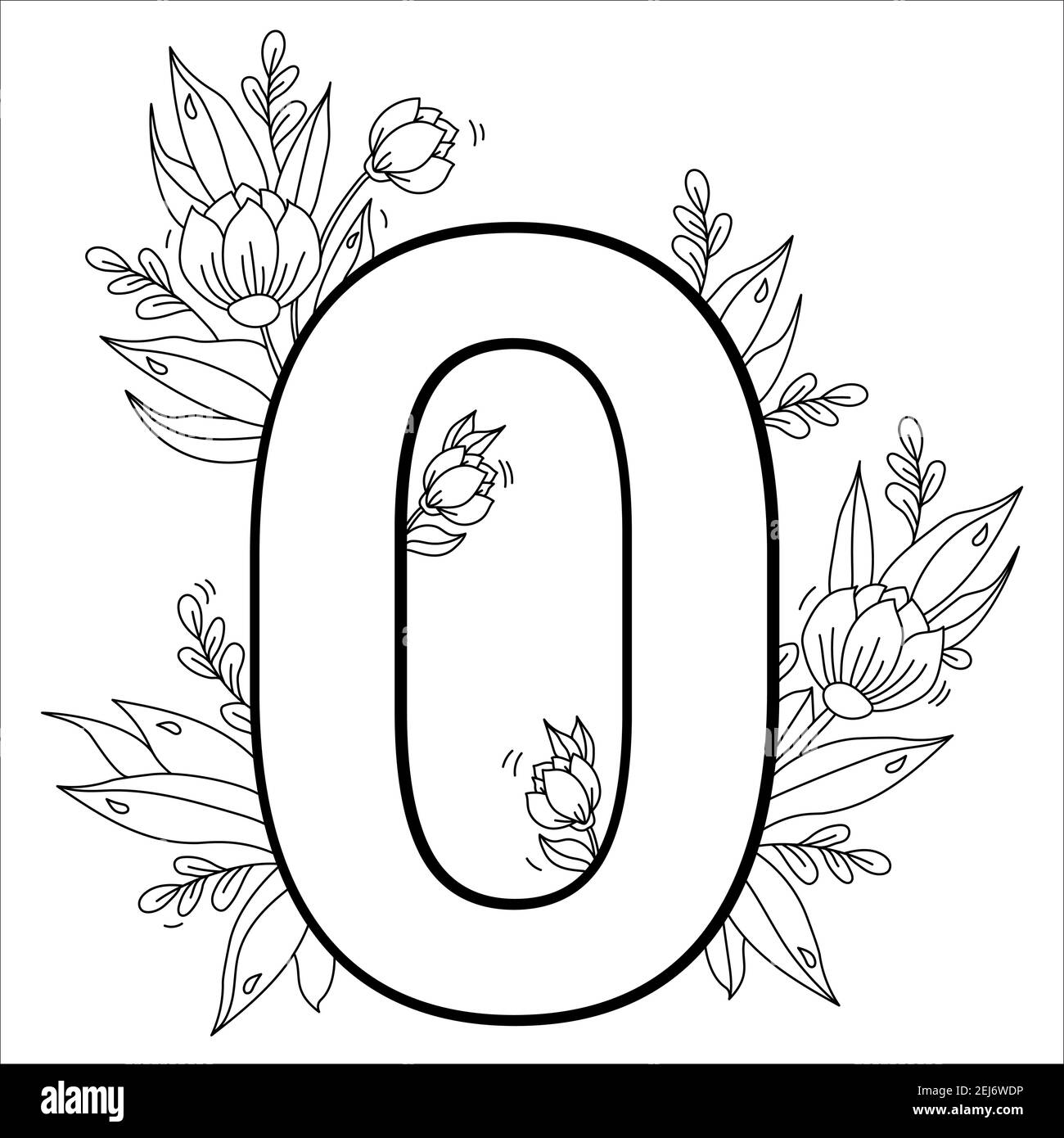 flower number zero decorative pattern 0 with flowers tulips buds and leaves vector illustration isolated on white background line outline stock vector image art alamy