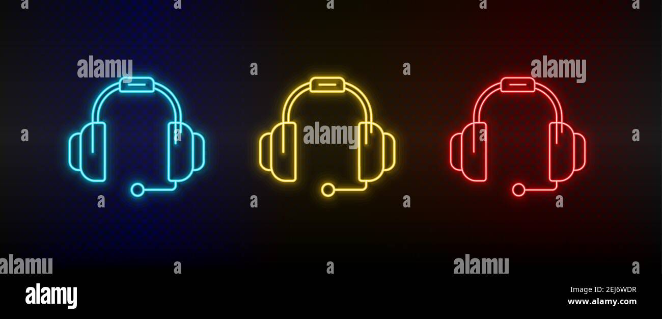Neon icon set Earphone headphone. Set of red, blue, yellow neon vector icon Stock Vector