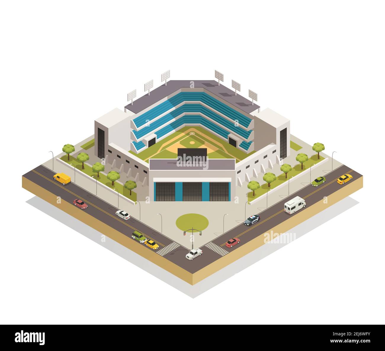 Classic baseball ballpark play area with sport stadium seating entrance and adjacent streets isometric composition vector illustration Stock Vector