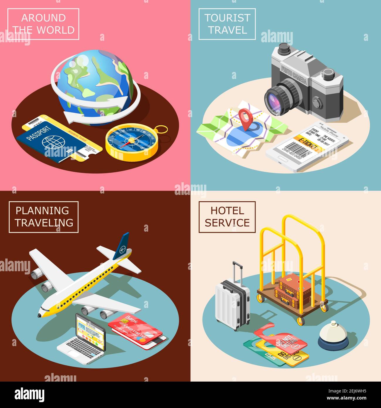 Travel 2x2 design concept with planning traveling hotel service world ...