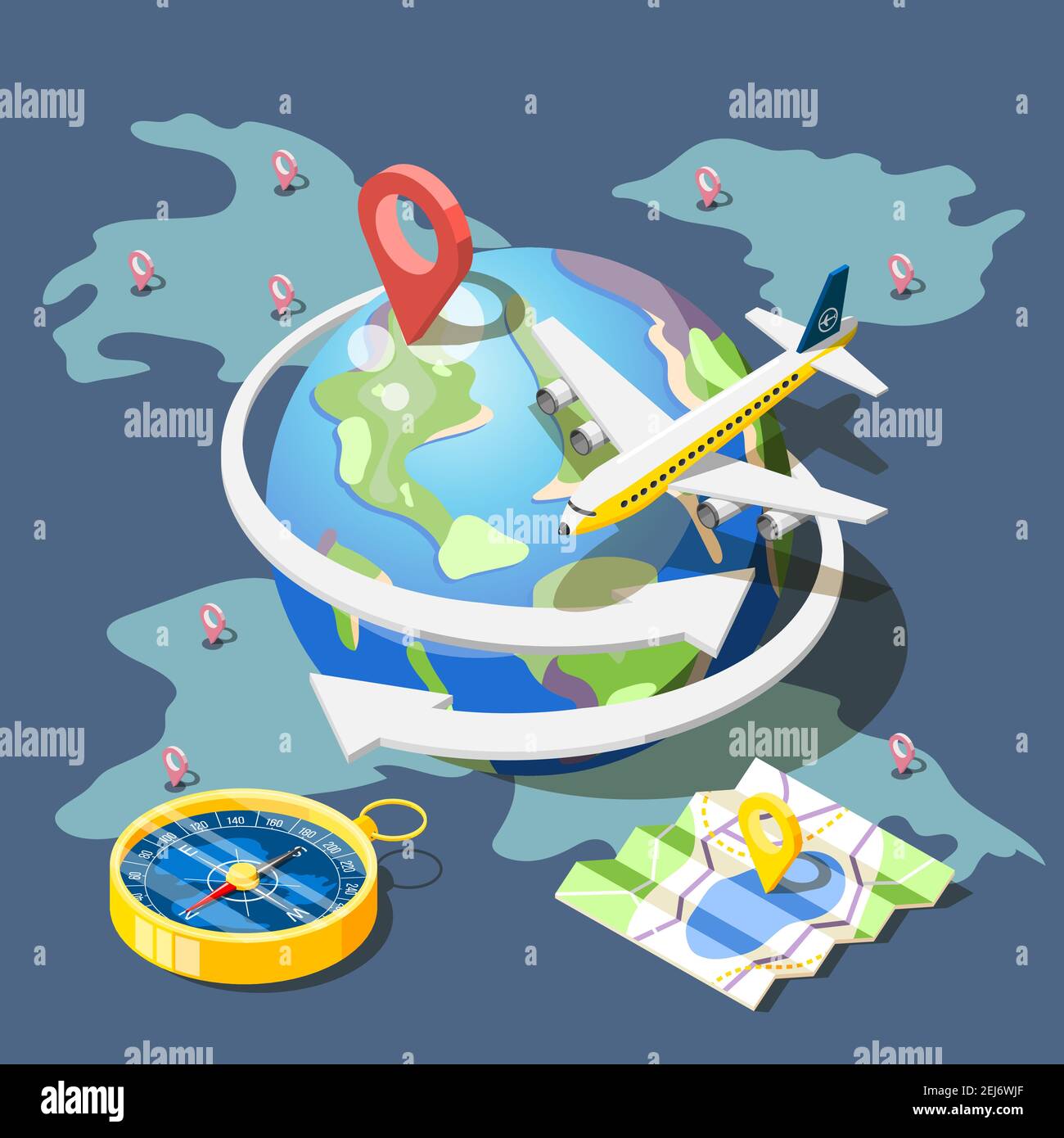 Planning traveling isometric composition with location markers on globe ...