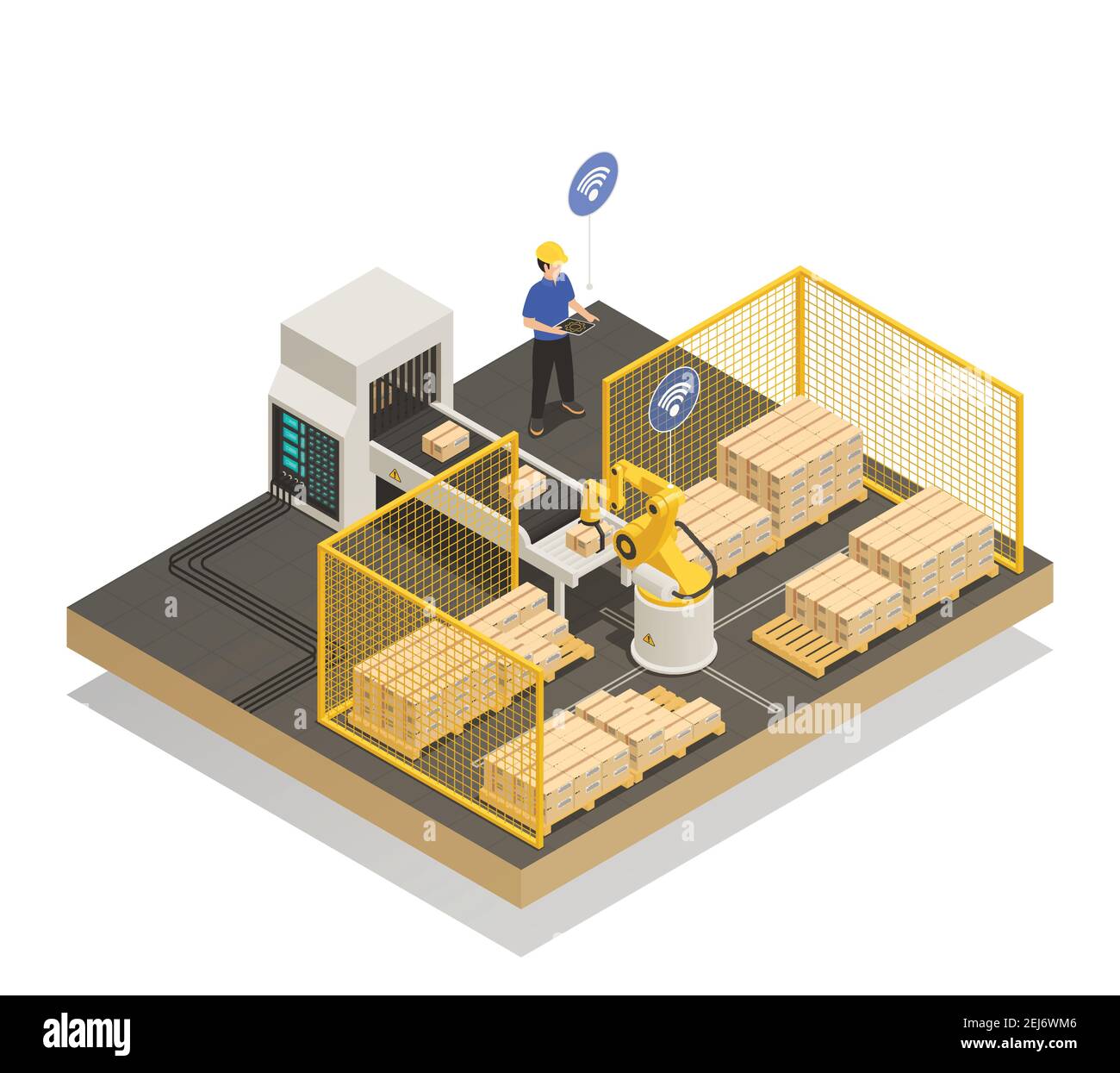 Smart industry intelligent manufacturing isometric composition with robotic arm and automated