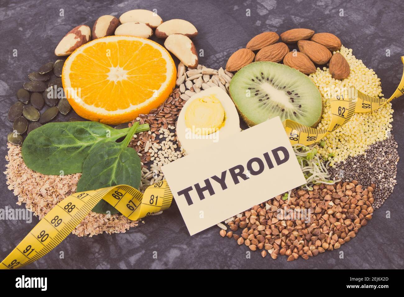 Nutritious natural ingredients in shape of thyroid. Healthy lifestyles