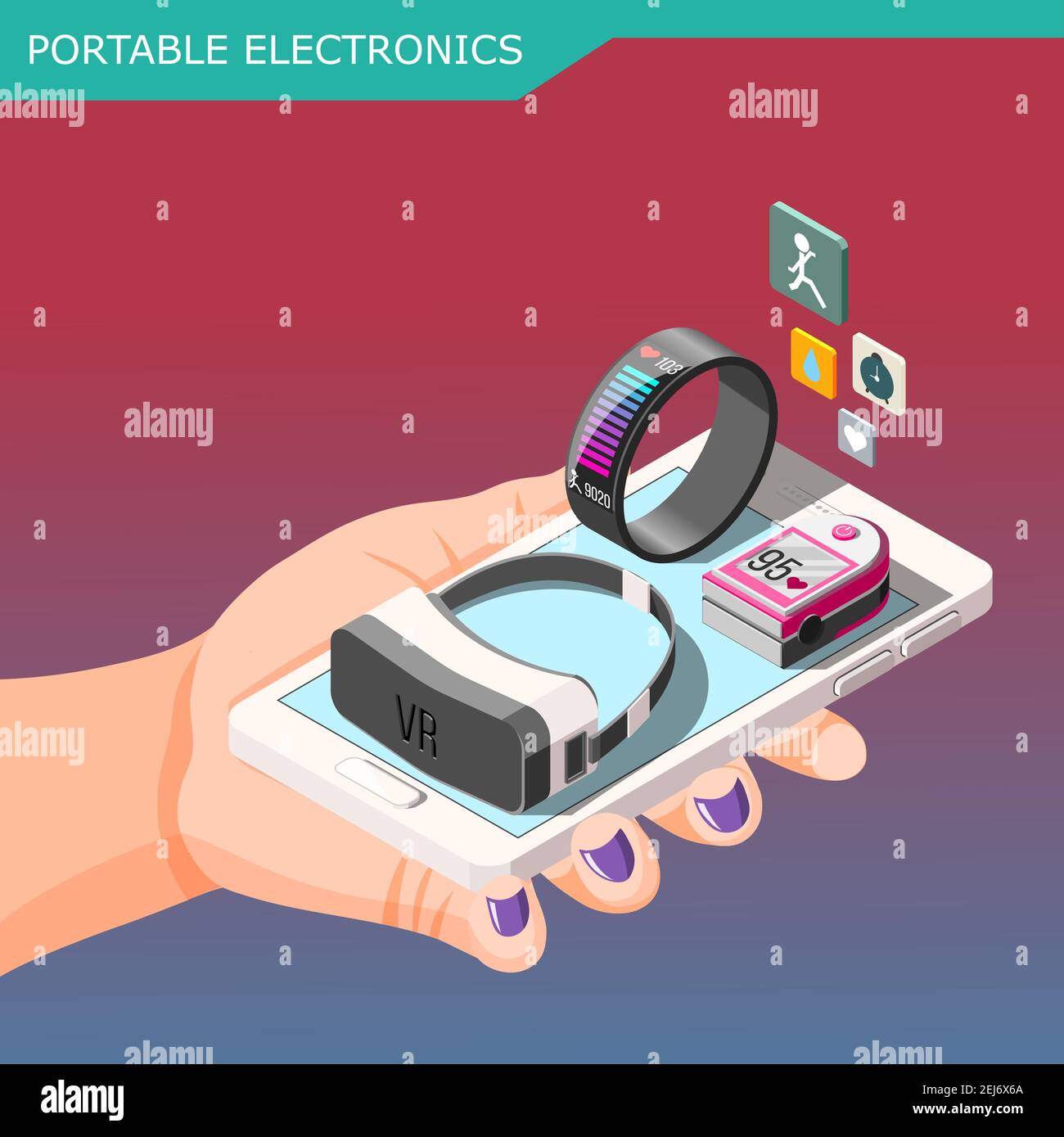Portable electronics isometric composition on gradient background with smartphone, fitness bracelet, vr glasses in hand vector illustration Stock Vector
