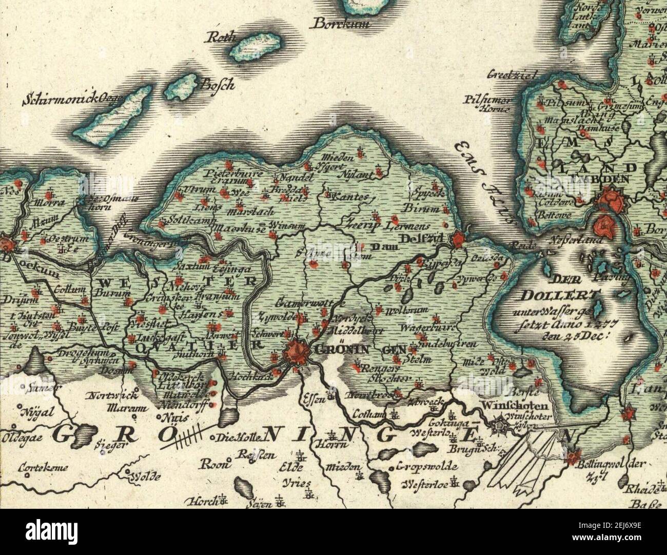 Uitsnede van de kaart van Johann Baptist Homann uit 1720 van de Kerstvloed met de overstroomde gebieden in Groningen. Stock Photo