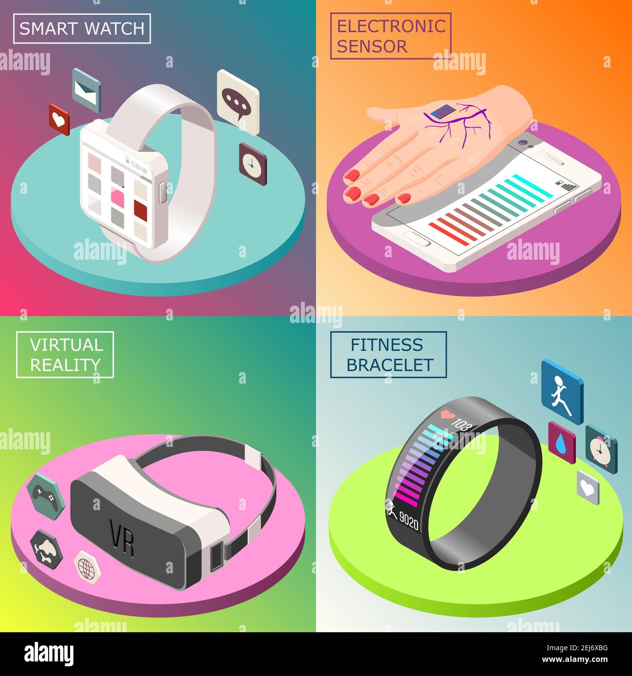 Portable electronics isometric design concept with smartwatch, virtual reality glasses, medical sensor, fitness bracelet isolated vector illustration Stock Vector