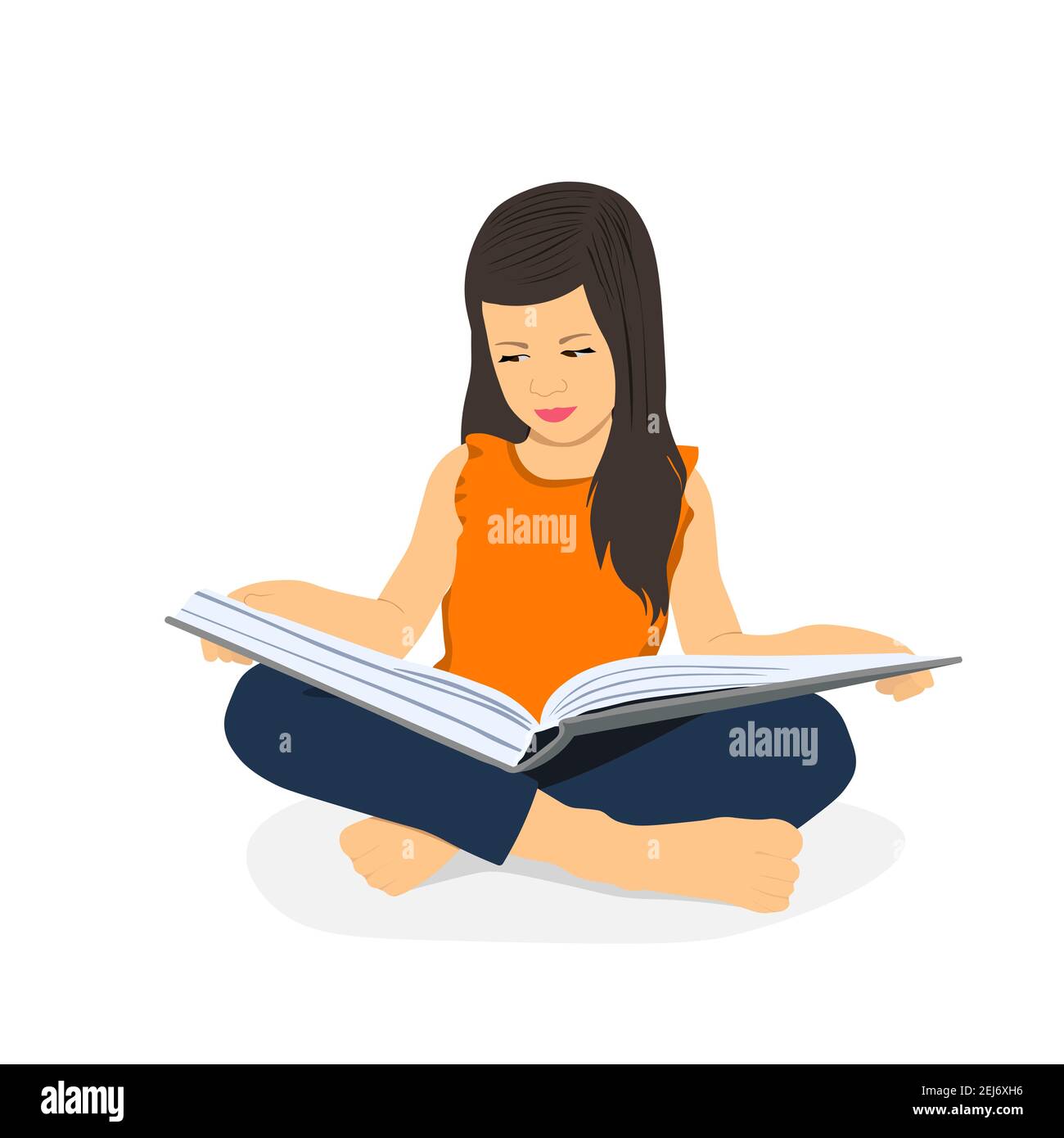 Little girl is reading a book while sitting. Distance learning. Home education. School girl girl doing homework. Child with a book in her hands Stock Vector