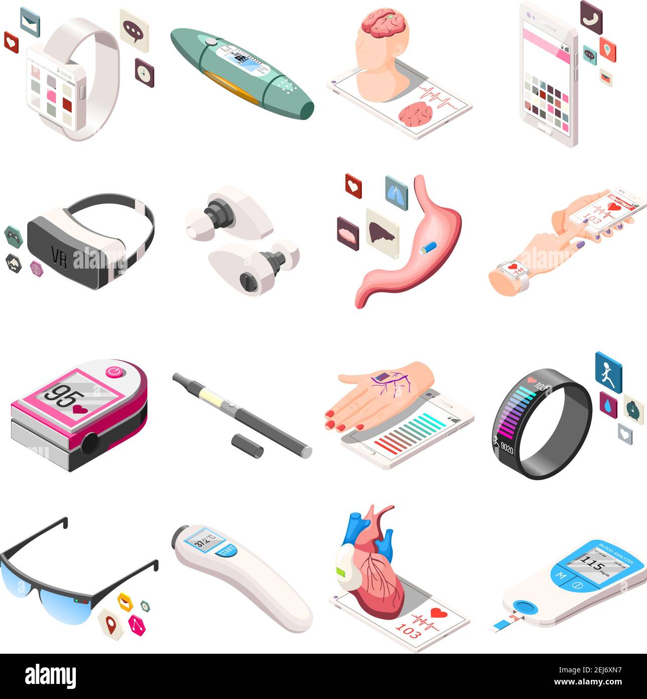Portable electronics in medicine and life including vr headset, vape, fitness bracelet isometric icons isolated vector illustration Stock Vector