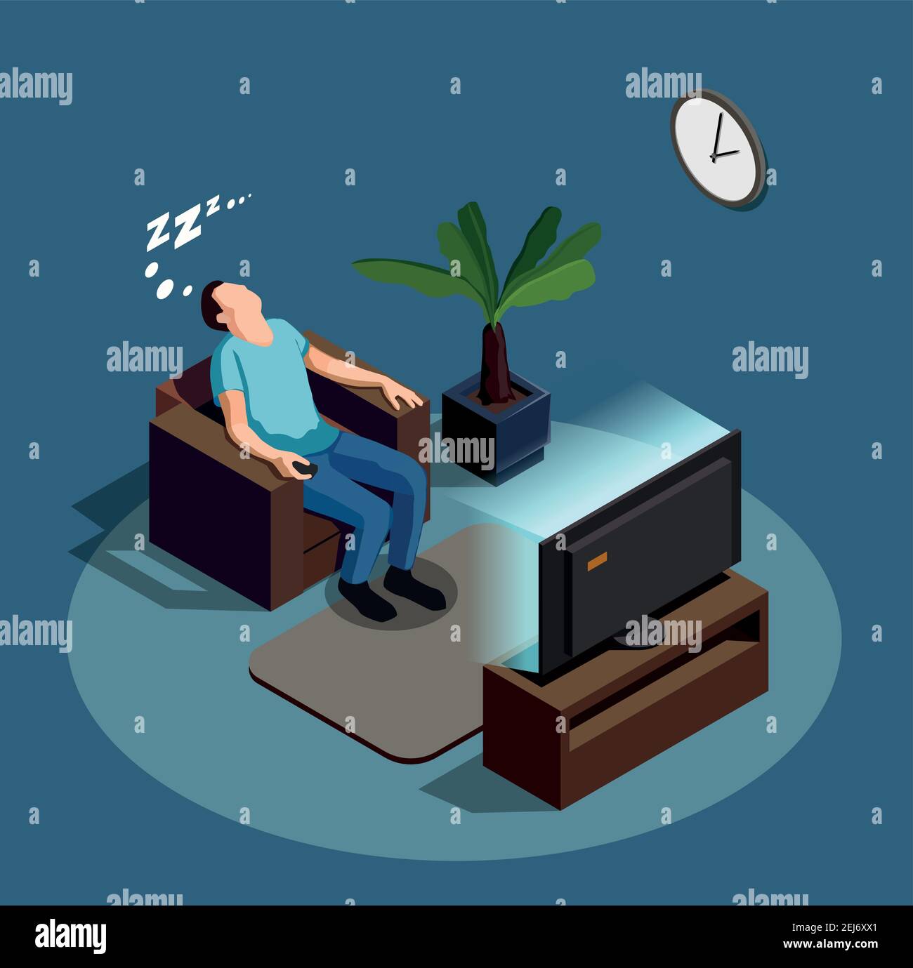Sleep during watching tv, composition on blue grey background with man in chair, interior