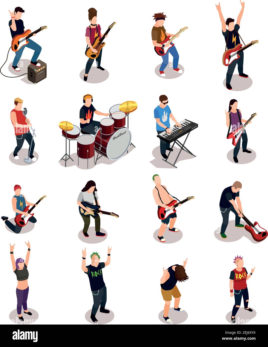 Rock stars set of isometric people with musical instruments including ...