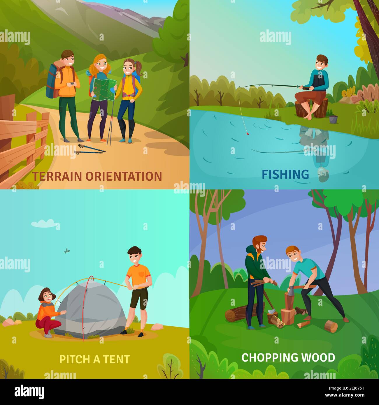 Camping people concept set of four square compositions with people
