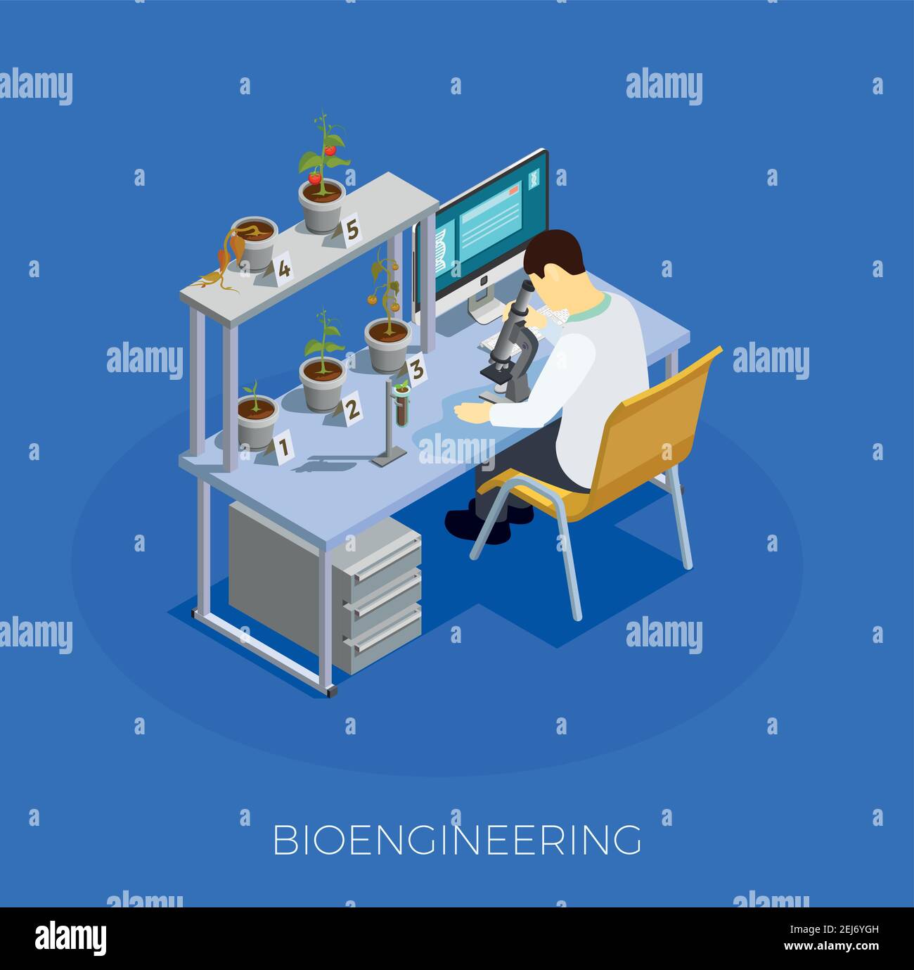 GMO bio engineering isometric composition on blue background with scientist during work with tomato samples vector illustration Stock Vector