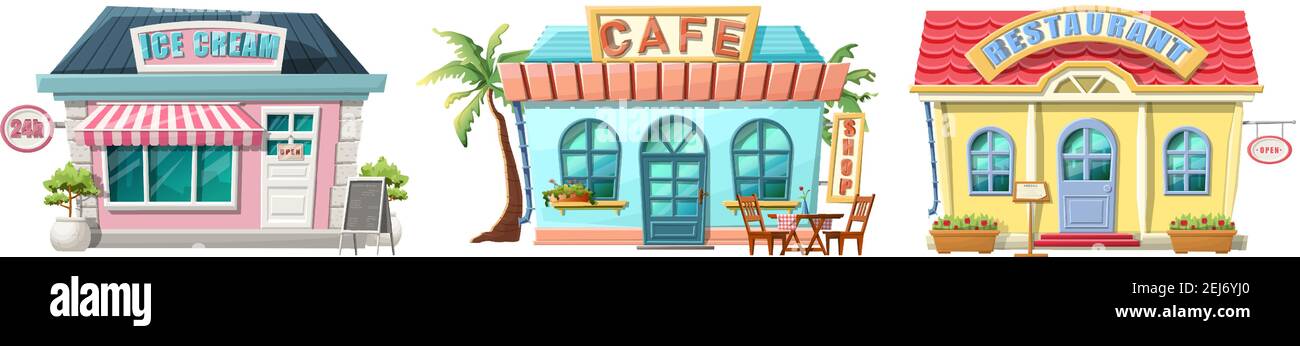 Vector cartoon style cafe, restaurant and ice cream place. Stock Vector