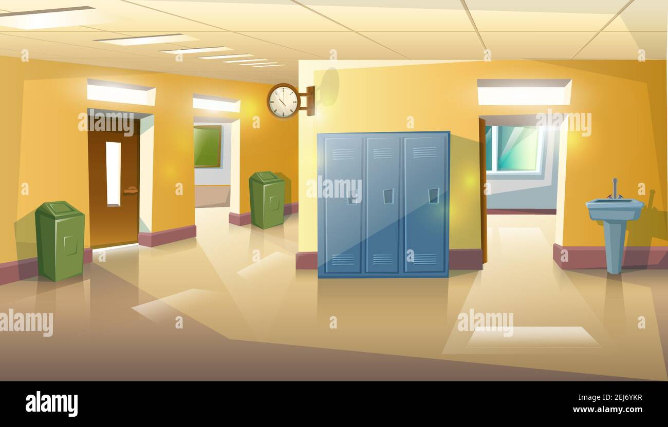 Vector cartoon style school hall with doors and classes, rubbish and sink  Stock Vector Image & Art - Alamy