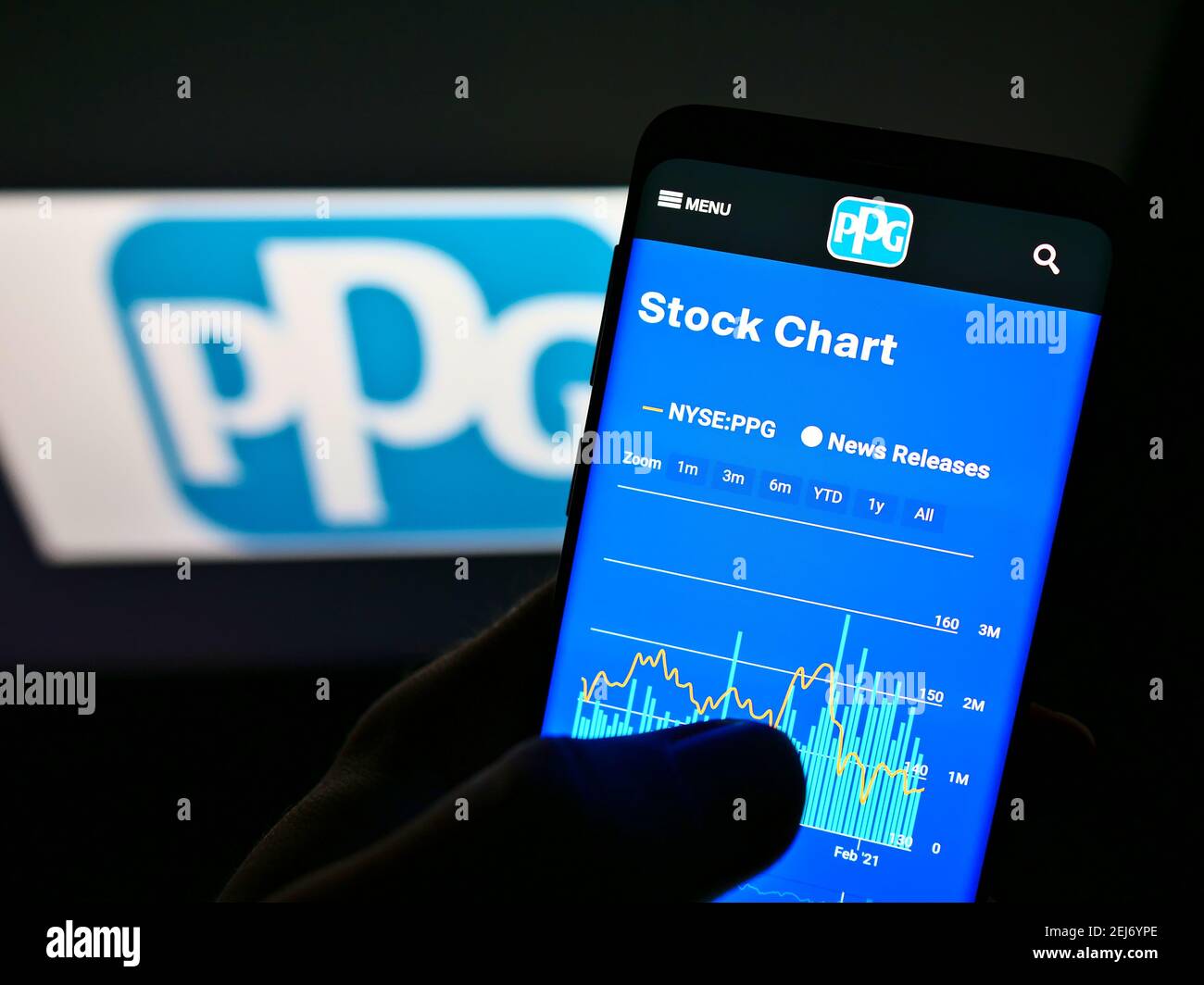 Person holding mobile phone with website and chart of US chemicals company PPG Industries Inc. on screen with logo. Focus on center of phone display. Stock Photo