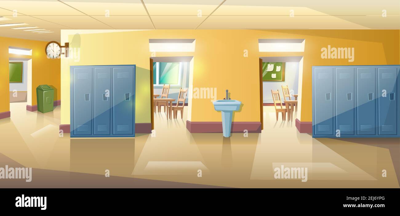 Vector cartoon style school hallway with open doors of classes with study tables and chairs