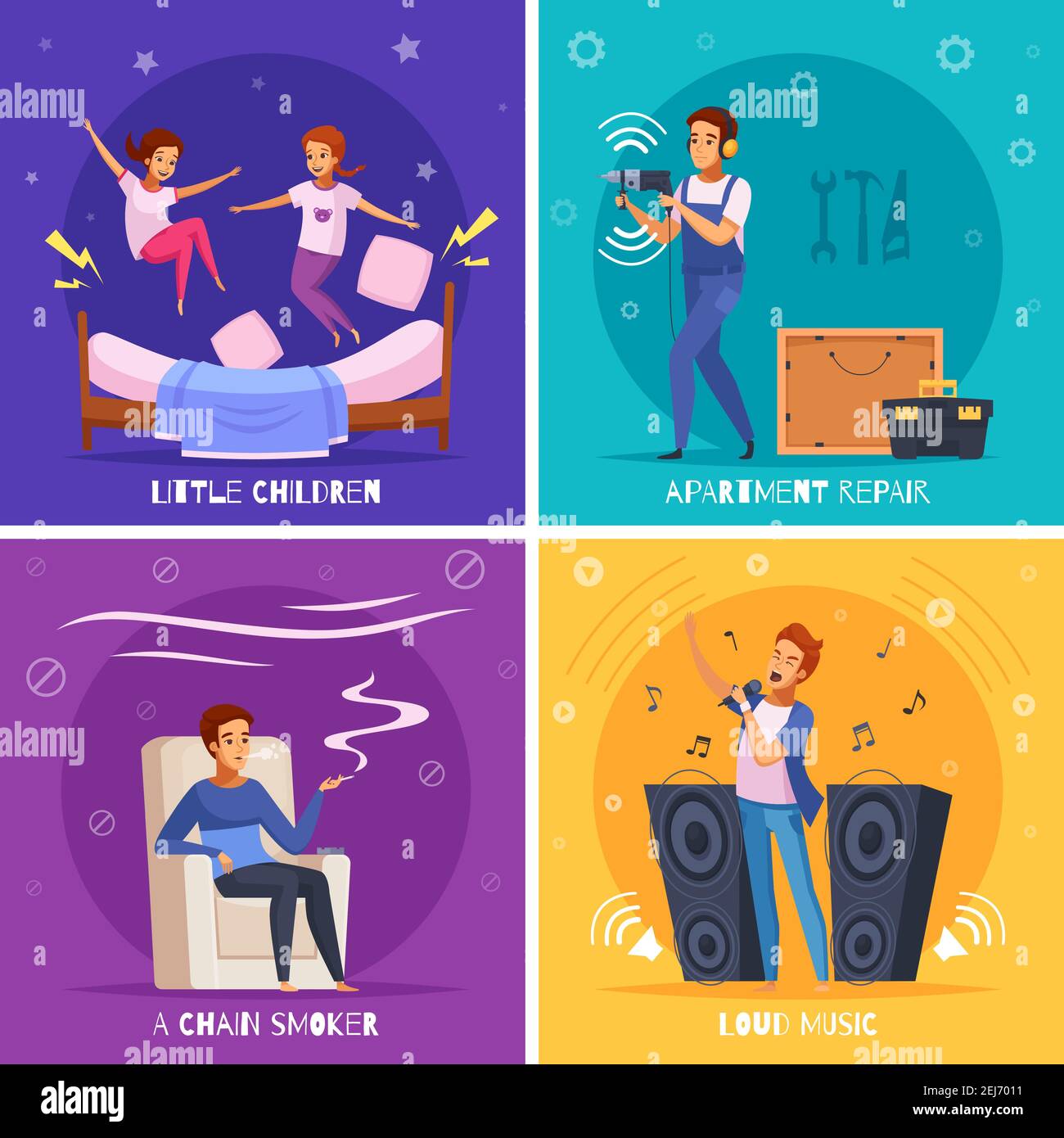Neighbors cartoon design concept with little kids, apartment repair