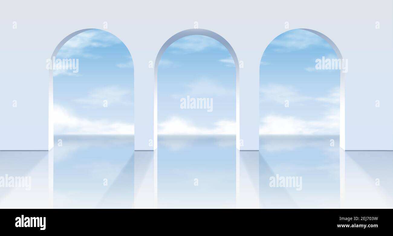 3d realistic vector white arches with a view on the blue sky. Stock Vector