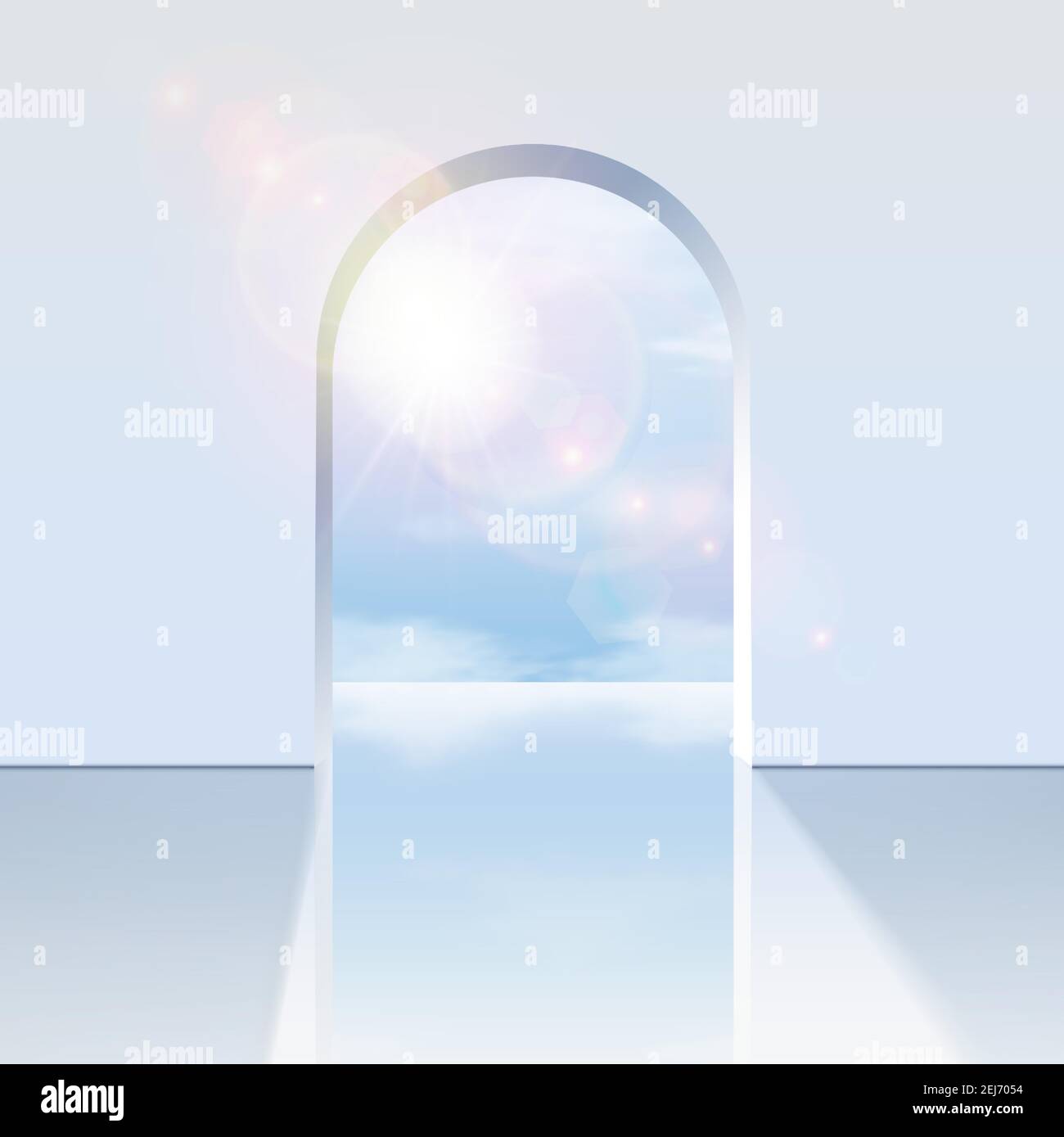 realistic vector white arch with a view on the blue sky with sunlight reflection. Stock Vector
