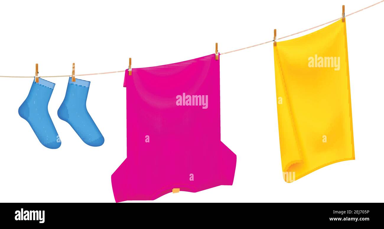 Washed laundry color realistic composition with images of t-shirt towel and socks hanging on clothesline vector illustration Stock Vector