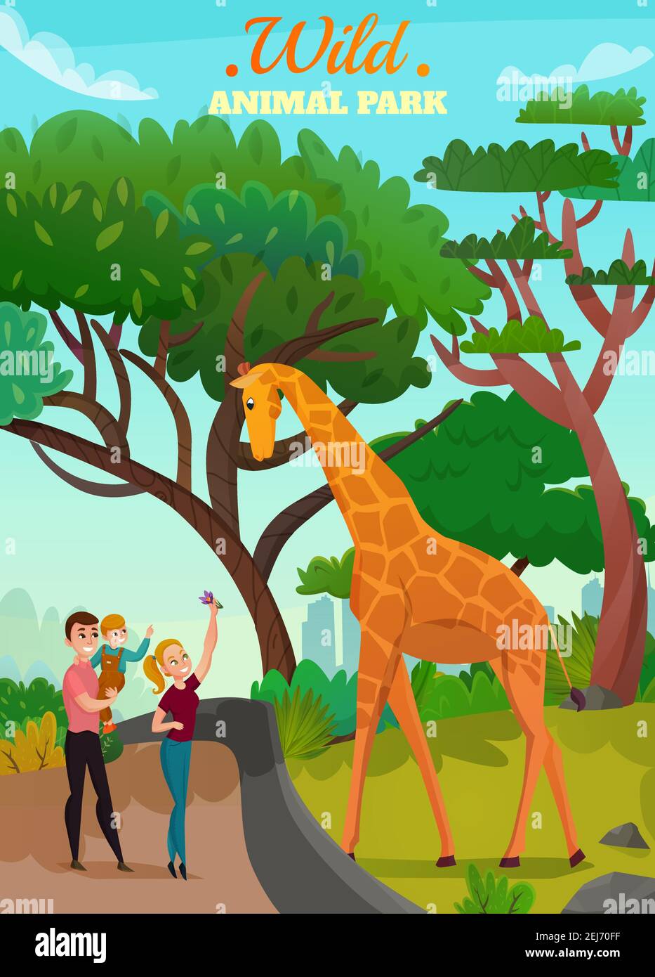 Wild animal park background with happy young family saluting giraffe  walking in zoo cartoon vector illustration Stock Vector Image & Art - Alamy