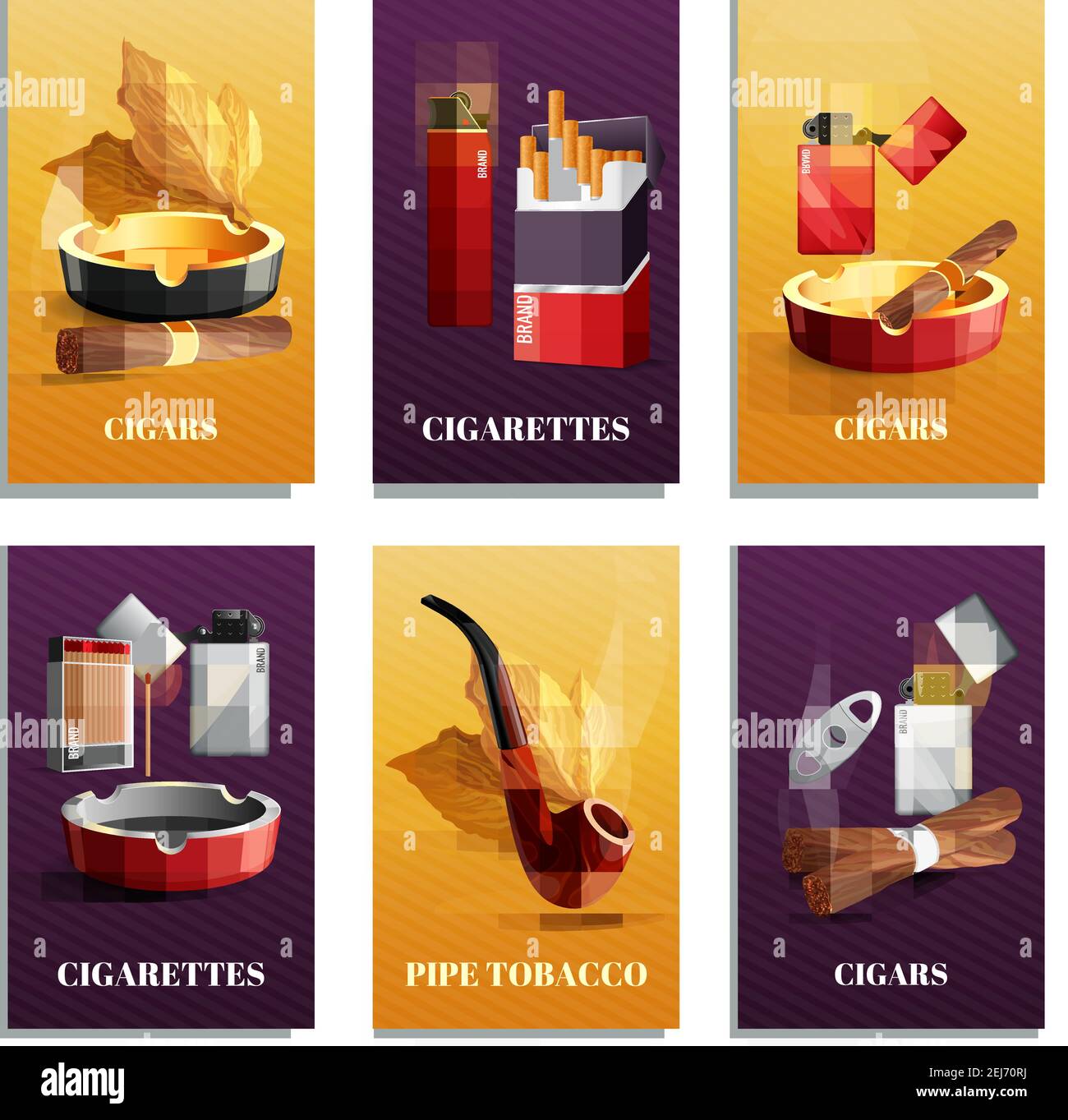 Tobacco products realistic cards set with pipe and cigars symbols