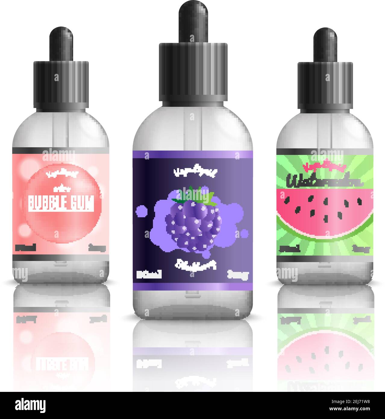 Vaping identity realistic set with isolated images of refill bottles for vape liquids of