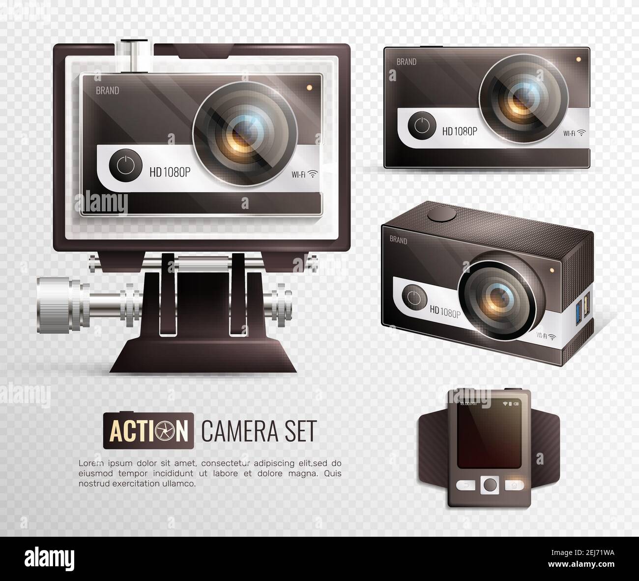 Action camera realistic transparent set with waterproof case isolated vector illustration Stock Vector