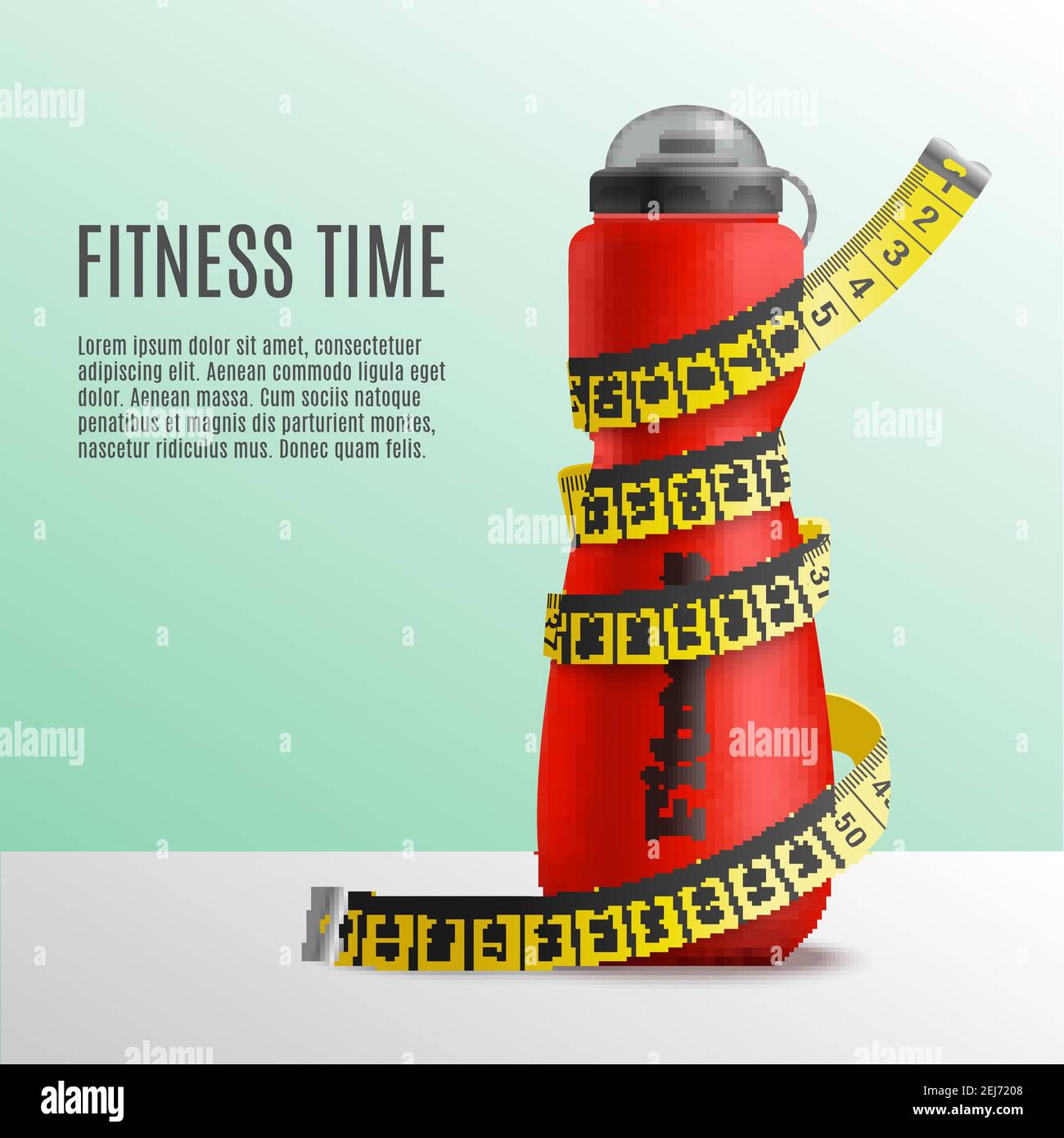 Fitness bottle tape realistic composition with editable text and image of bottle wrapped up in metre stick vector illustration Stock Vector