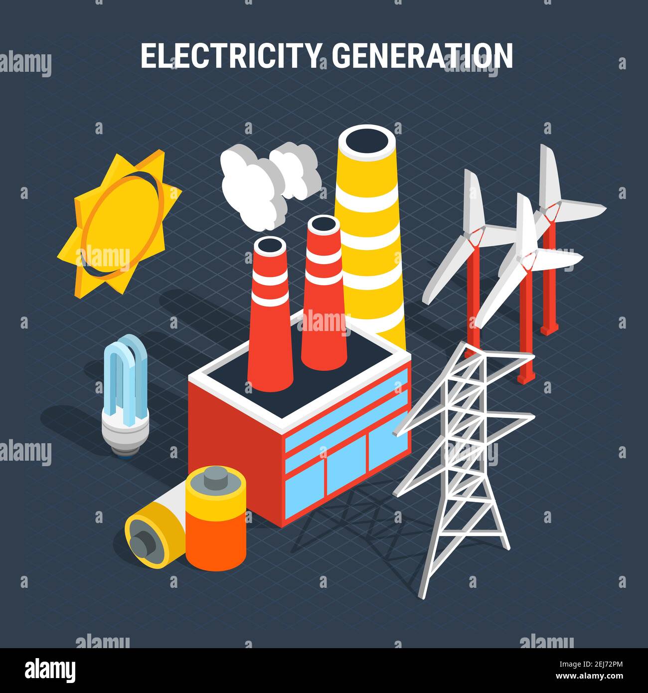 Electricity isometric colored composition with isolated elements of electrical and supply and production of electricity vector illustration Stock Vector