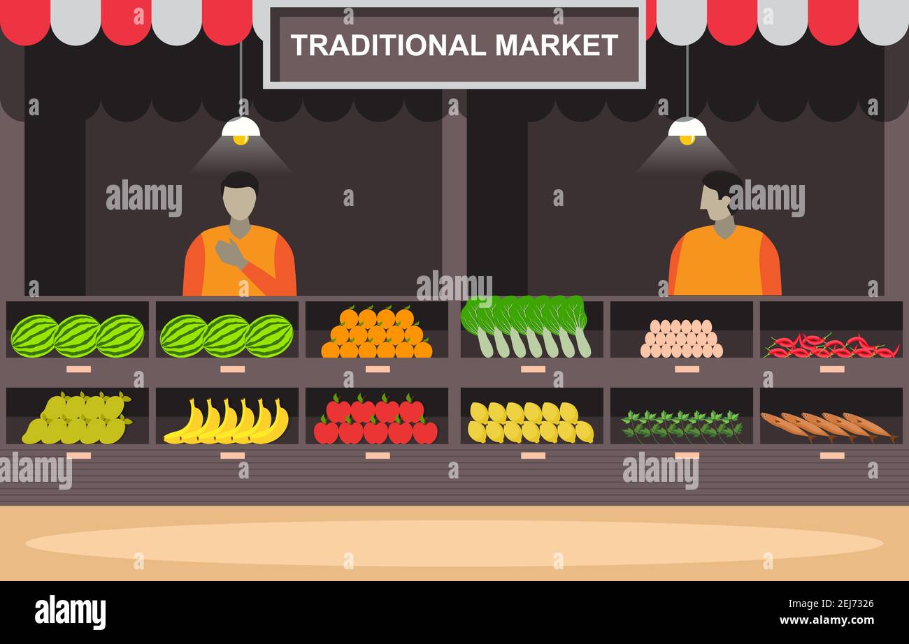 Fresh Fruit Vegetable Store Stall Stand Grocery in Market Illustration