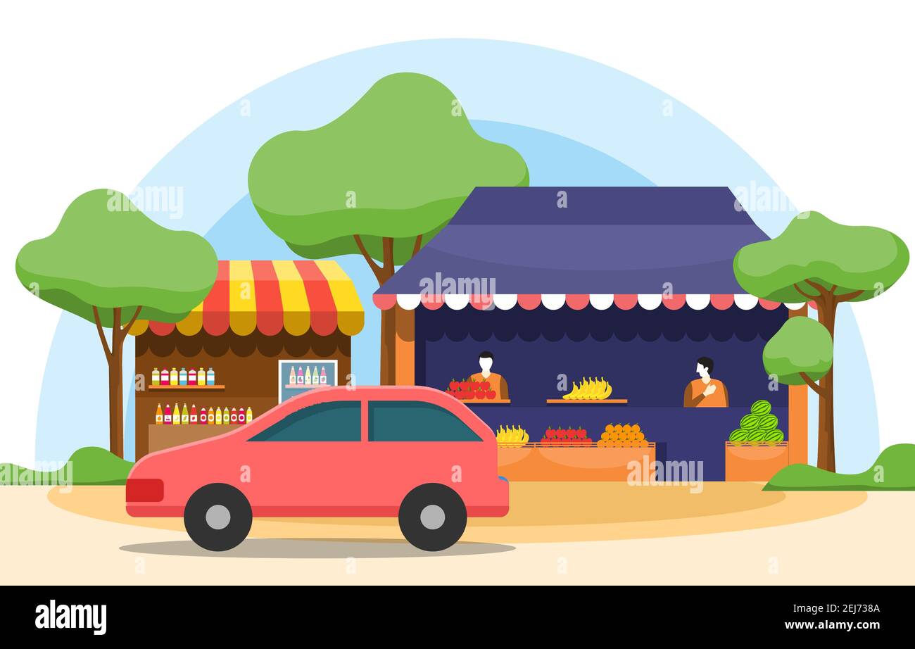 Roadside Fruit Vegetable Store Stall Stand Grocery in City Illustration