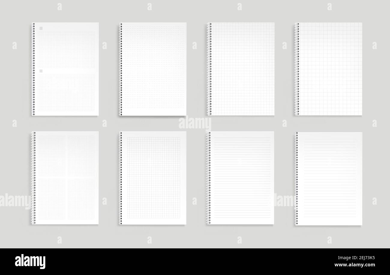 Notebooks with lines, dots and square grid. Vector realistic mockup of
