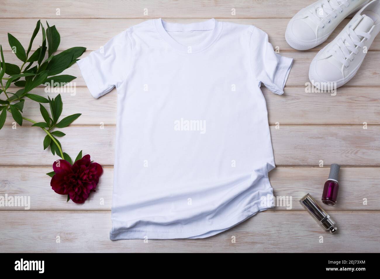 Download White Women S Cotton T Shirt Mockup With Sport Shoes Burgundy Peony Nail Polish And Lipstick Design T Shirt Template Tee Print Presentation Mock U Stock Photo Alamy