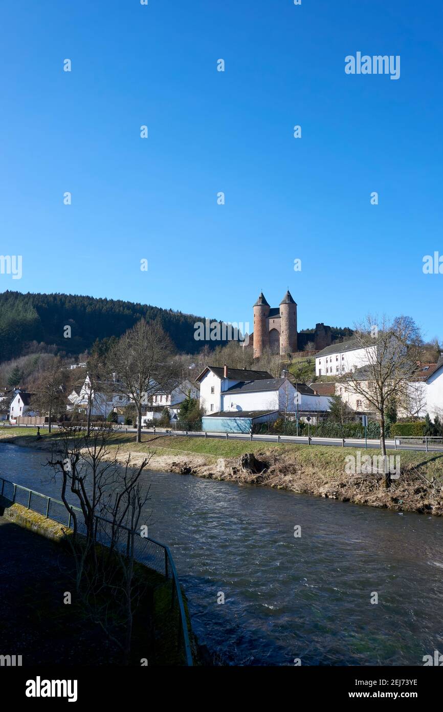 German landscape of a castle Bertradaburg in the Eifel at Gerolstein ...